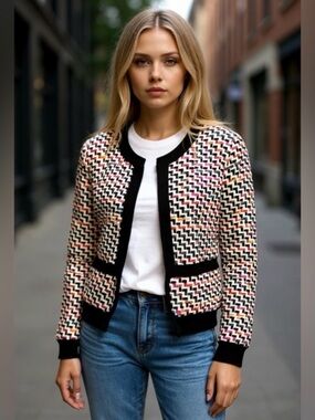 Diane Von Furstenberg Alberta Multi-Color Tweed Jacket with Black Trim